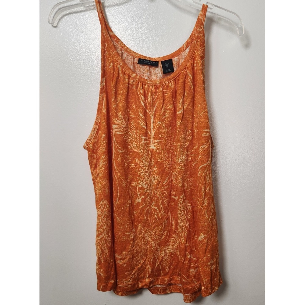 Tahari 100% Linen Orange Floral Tank Top Size Large Summer Quiet Luxury Tropical